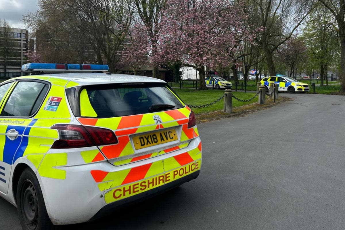 The police presence outside Warrington Town Hall on Tuesday <i>(Image: Newsquest)</i>