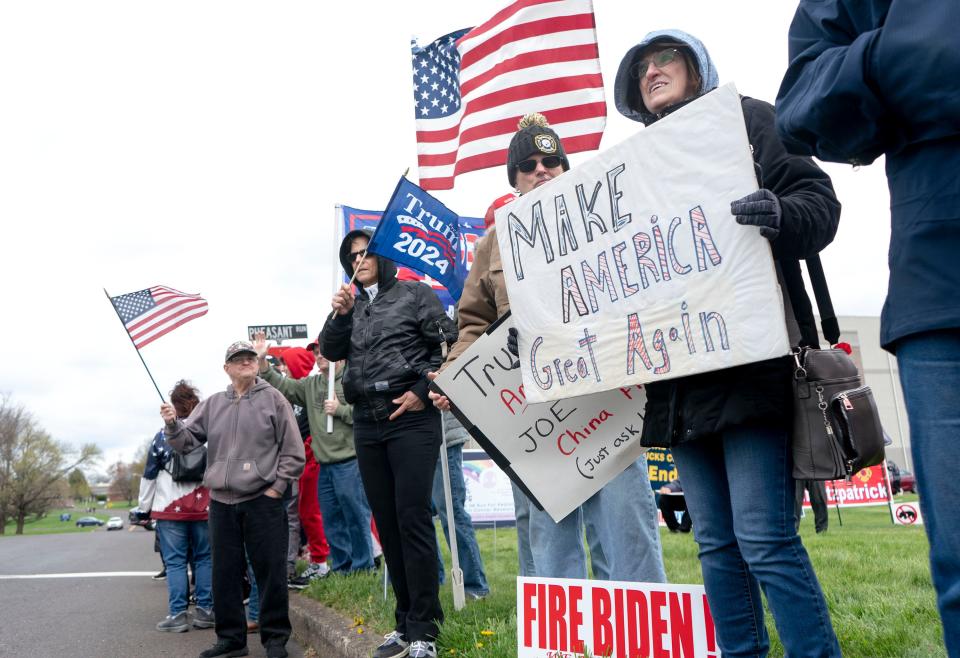 Supporters of former President Donald J. Trump at a street rally for him in Newtown on Saturday, April 13, 2024.