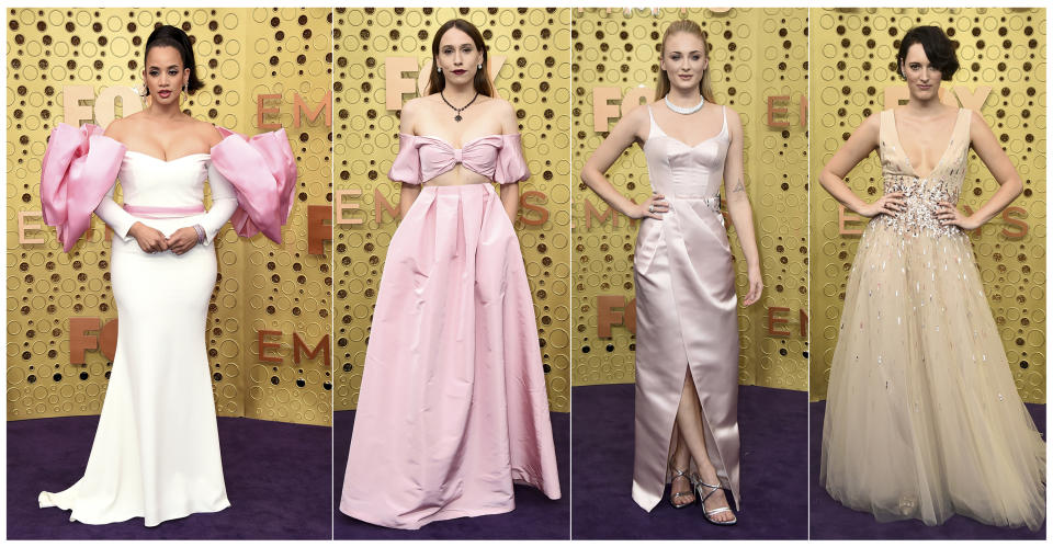 This combination photo shows, from left, Dascha Polanco, from "Orange is the New Black," Sarah Sutherland, from "Veep," Sophie Turner, from "Game of Thrones," and Phoebe Waller-Bridge, from "Fleabag," at the 71st Primetime Emmy Awards in Los Angeles on Sept. 22, 2019. (AP Photo)