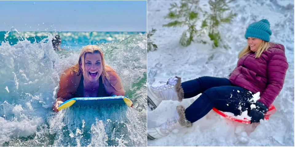 Kellee Speakman boogie boarding and a photo of Kellee sledding