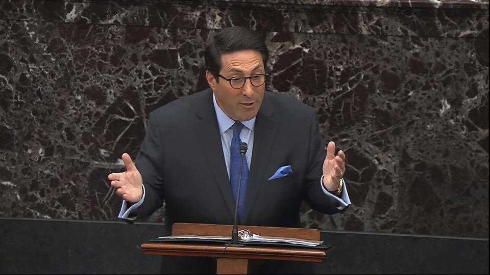 In this image from video, personal attorney to President Donald Trump, Jay Sekulow, speaks during the impeachment trial against President Donald Trump in the Senate at the U.S. Capitol in Washington, Tuesday, Jan. 28, 2020. (Senate Television via AP)