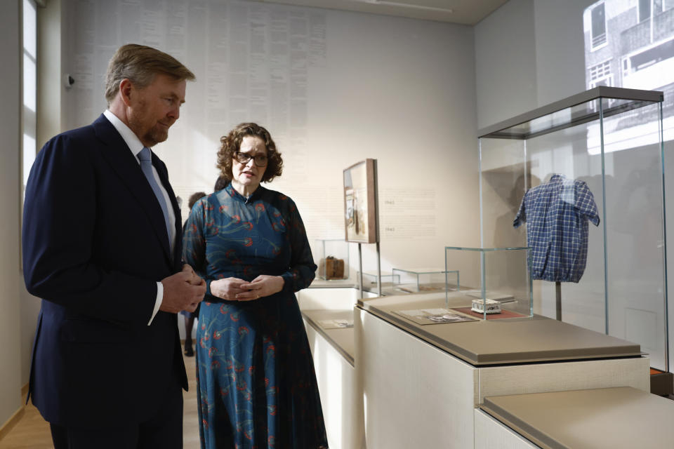 Netherlands' King Willem Alexander tours the National Holocaust Museum in Amsterdam, Netherlands, Sunday, March 10, 2024. The Netherlands National Holocaust Museum is opening on Sunday in a ceremony presided over by the Dutch king as well as Israeli President Isaac Herzog, whose presence is prompting protest because of Israel's deadly offensive against Palestinians in Gaza. (Piroschka van de Wouw/Pool Photo via AP)