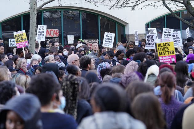 People demonstrate outside Stoke Newington Police Station in London, over the treatment of a Black 15-year-old schoolgirl who was strip-searched by police. (Photo: Stefan Rousseau via PA Wire/PA Images)