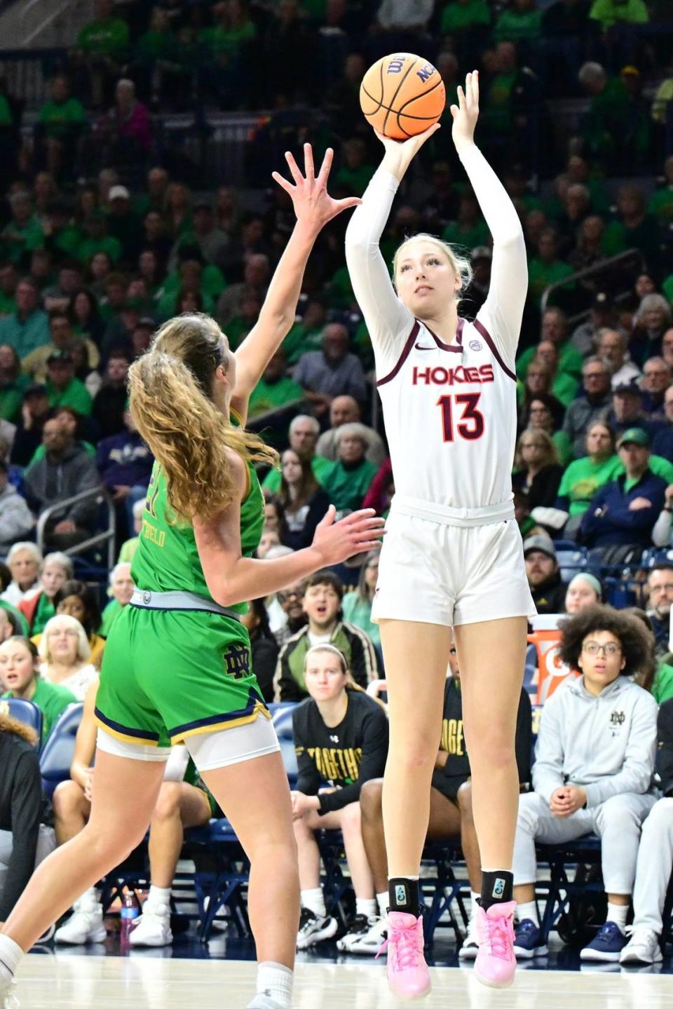 Clara Strack (13) played in all 33 games during her freshman season at Virginia Tech. The 6-foot-5 center averaged 4.5 points, 4.1 rebounds and 1.2 blocks in 13.8 minutes per contest. Matt Cashore/USA TODAY NETWORK