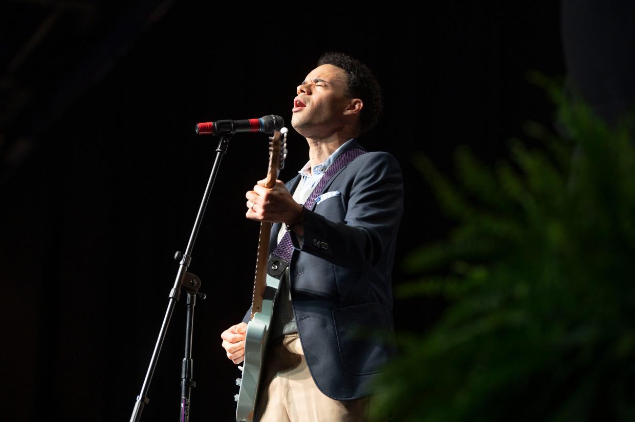 Musician and Battle Creek native Tauren Wells performs during the annual prayer breakfast at Kellogg Arena on Tuesday, May 9, 2023.