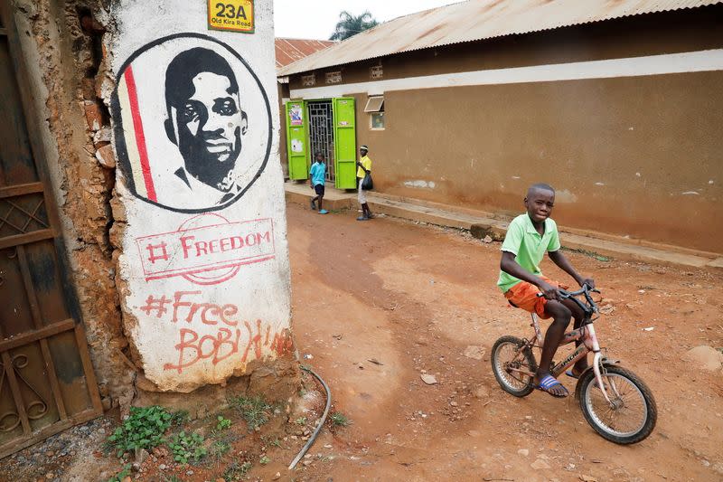 A graffiti calling to free Ugandan opposition presidential candidate Robert Kyagulanyi, also known as Bobi Wine, is seen on a street in Kampala