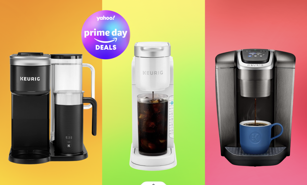 Three Keurig coffee makers against a colorful background