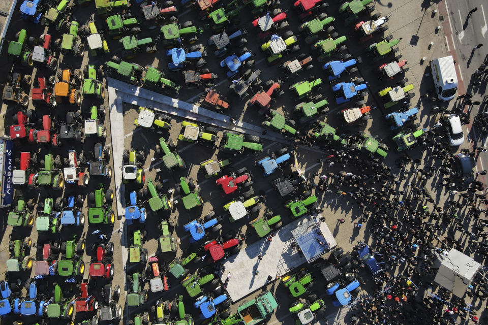 FILE - Protesting farmers with their tractors take part in a rally outside an agricultural fair in the port city of Thessaloniki, northern Greece, Thursday, Feb. 1, 2024. (AP Photo/Giannis Papanikos, File)