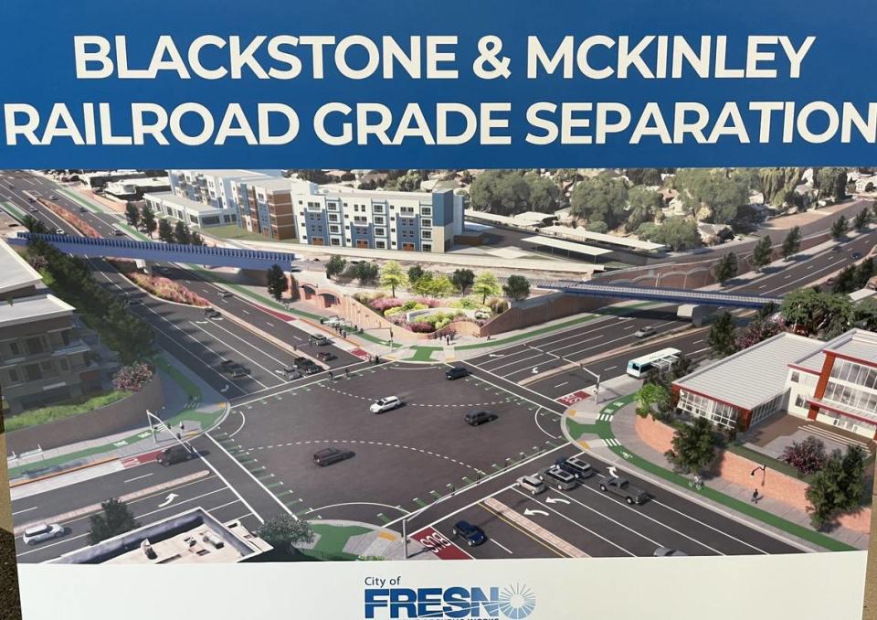 An artist’s rendering shows how the central Fresno intersection of Blackstone and McKinley avenues, looking southwest, will be rebuilt below grade level with traffic flowing under new bridges for the BNSF Railway freight trains. Construction on the $151.9 million project is expected to take two years from 2026 to 2028. City of Fresno