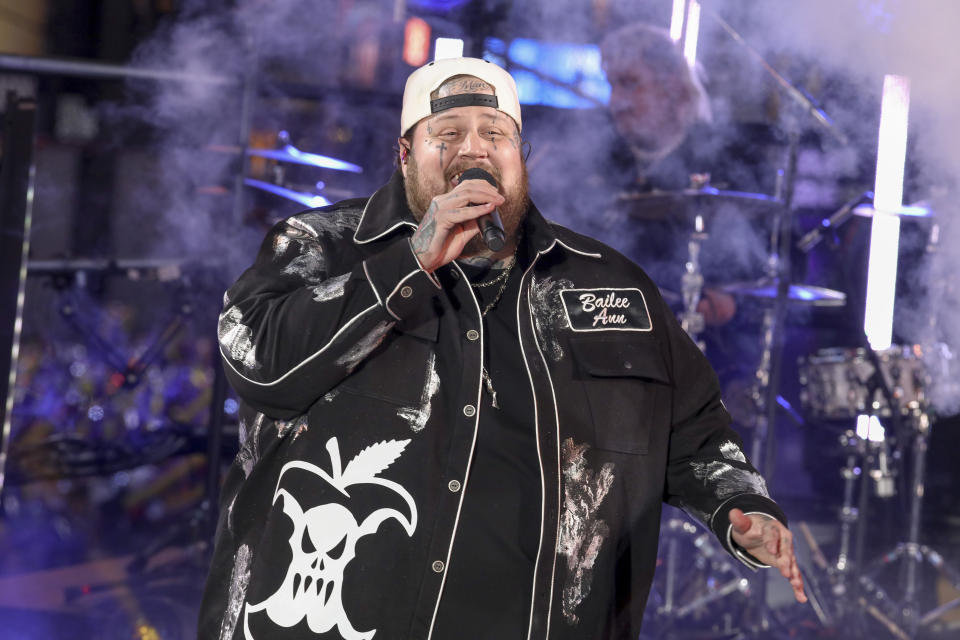 FILE - Jelly Roll performs during the Times Square New Year's Eve celebration on Sunday, Dec. 31, 2023, in New York. Jelly Roll is nominated for a Grammy Award for best new artist. (Photo by Andy Kropa/Invision/AP, File)