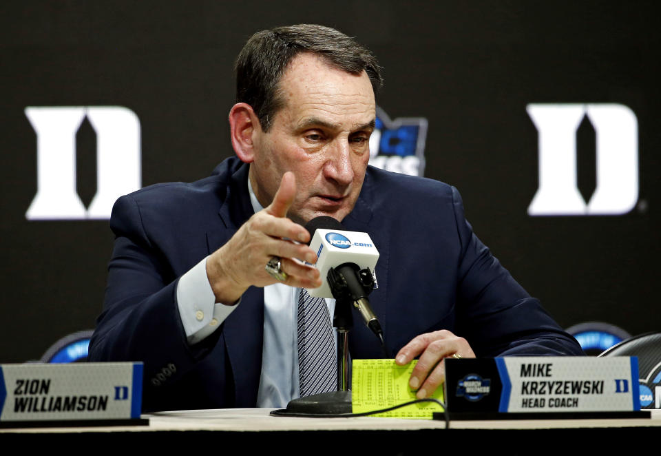 Duke Blue Devils head coach Mike Krzyzewski speaks during a press conference after an NCAA tournament loss in March. (USAT)