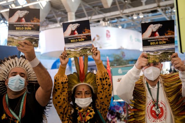 Indigenous activists protest in front of the Canada Pavilion against Belo Sun, a Canadian mining company, at the United Nations Biodiversity Conference in Montreal on Dec. 12, 2022. 