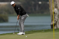 Xander Schauffele putts on the ninth hole during the first round of the PGA Championship golf tournament at TPC Harding Park Thursday, Aug. 6, 2020, in San Francisco. (AP Photo/Jeff Chiu)