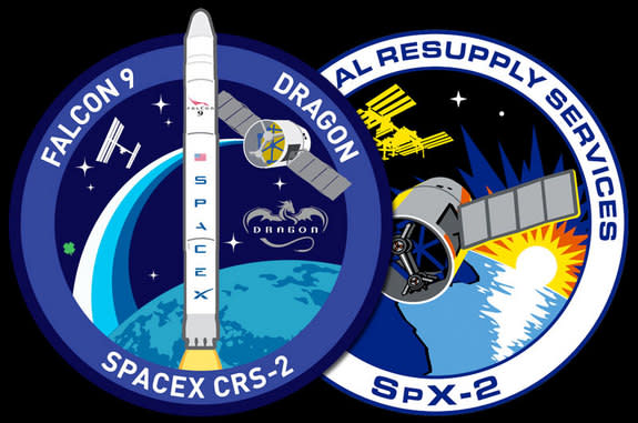 Both SpaceX (left) and NASA have designed mission patches for the second Commercial Resupply Services (CRS) flight to the International Space Station.