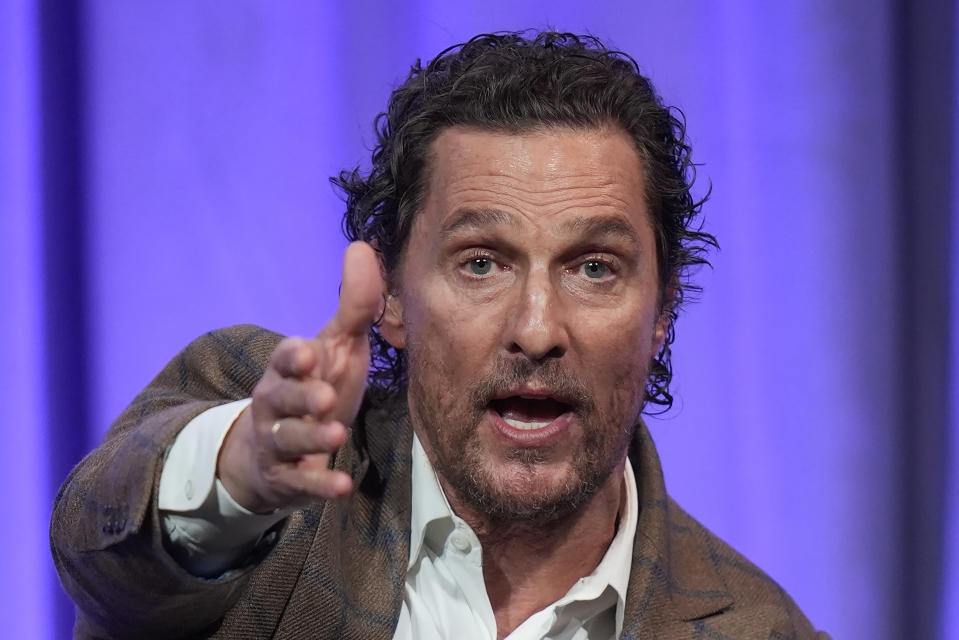 Actor Matthew McConaughey speaks at the 2024 summer meeting of the National Governors Association Friday, July 12, 2024, in Salt Lake City. (AP Photo/Rick Bowmer)