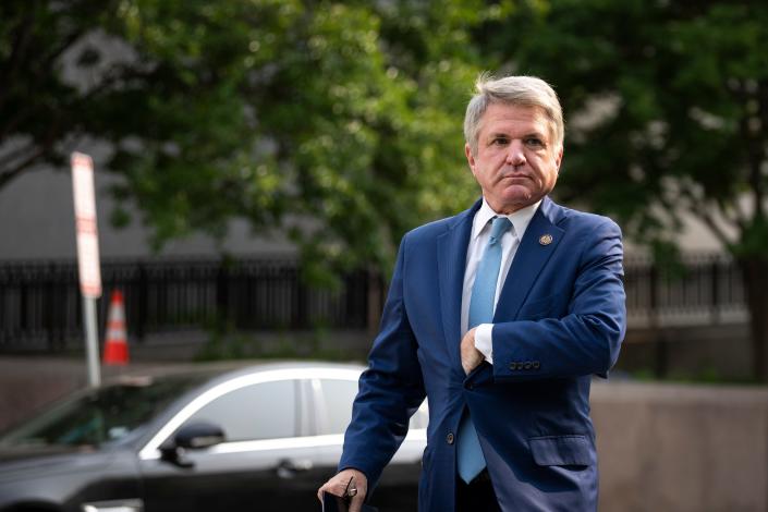 Representative Michael McCaul, R-Texas, arrives for a caucus meeting with House Republicans on Capitol Hill May 10, 2023 in Washington, DC.