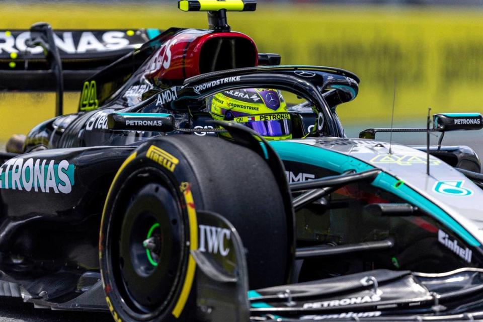 Mercedes driver Lewis Hamilton of Britain drives down the track during day one of Formula One Miami Grand Prix at the Miami International Autodrome in Miami Gardens, Fla.