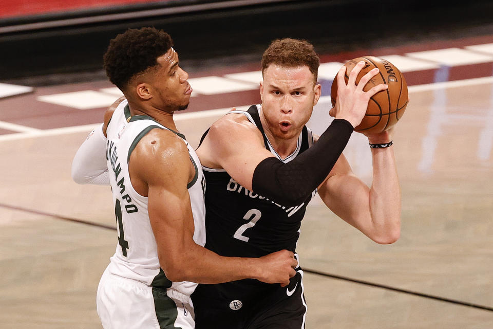 Blake Griffin and the Nets are up 1-0 on Giannis Antetokounmpo and the Bucks. (Photo by Tim Nwachukwu/Getty Images)