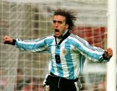 FILE PHOTO: Argentine striker Gabriel Batistuta celebrates after scoring against South Africa in a friendly match at the River Plate stadium in Buenos Aires