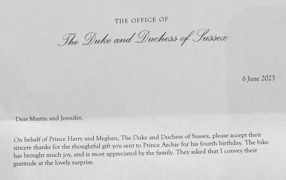 This week, Martin Watson received a letter, which said: 'On behalf of Prince Harry and Meghan, the Duke and Duchess of Sussex, please accept their sincere thanks for the thoughtful gift.' - maddogsandenglishmen.com