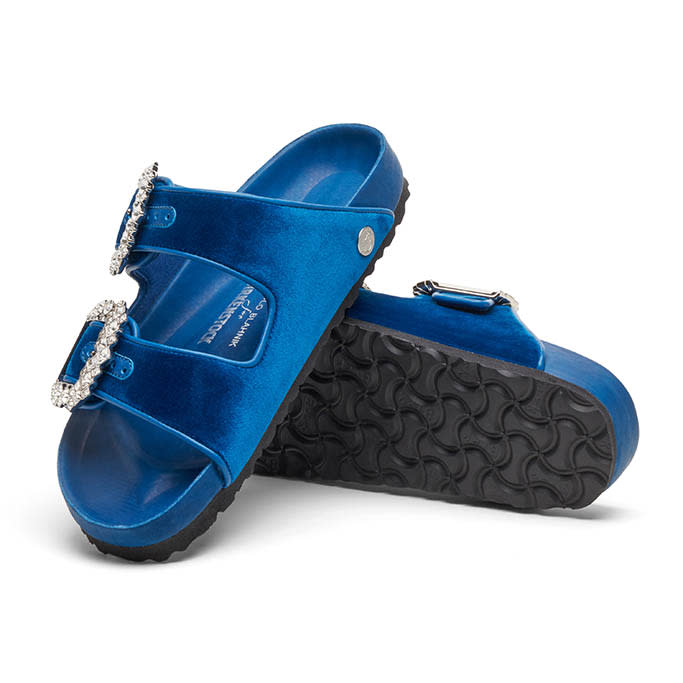 Manolo Blahnik x Birkenstock Arizona sandal in blue velvet with crystal buckle. - Credit: Courtesy of Birkenstock