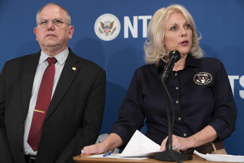 National Transportation Safety Board (NTSB) Chair Jennifer Homendy, right, speaks Thursday, Feb. 23, 2023, in Washington, about the investigation into the Feb. 3 train derailment in East Palestine, Ohio, with Director of the NTSB Office of Railroad Robert Hall, left. (AP Photo/Jacquelyn Martin)