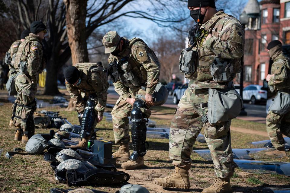 Jan 20, 2021; Washington, DC, USA; The National Guard is stationed at Lincoln Park as security tightens around the Nation's Capitol during the 2021 Presidential Inauguration of President Joe Biden and Vice President Kamala Harris at the U.S. Capitol.