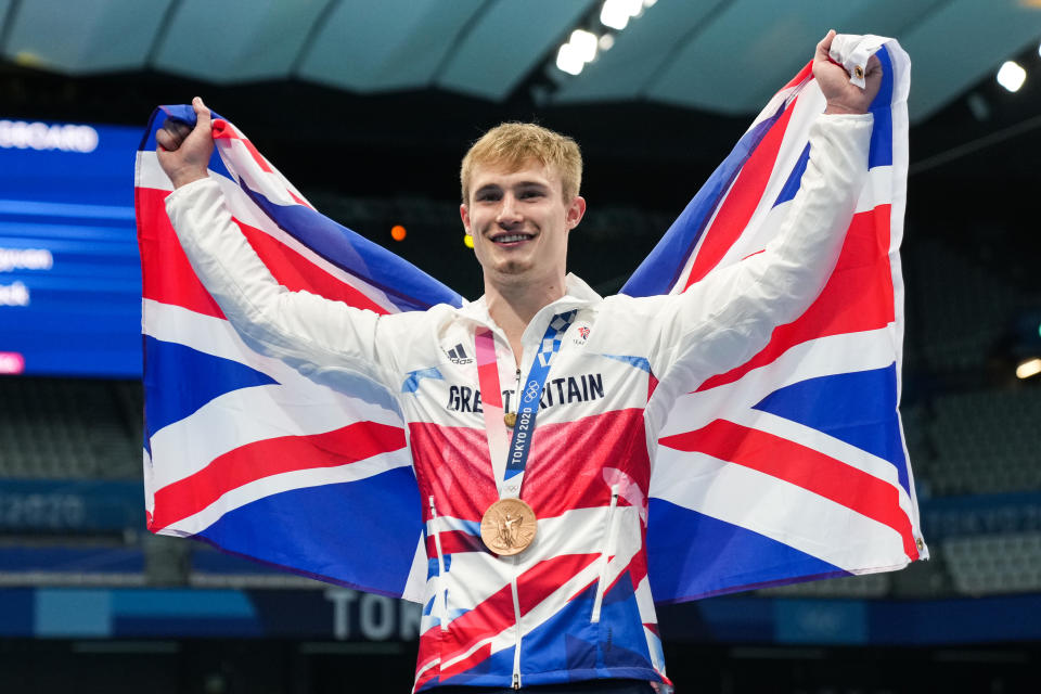 TOKYO, JAPAN - AUGUST 03: Bronze medalist Jack Laugher of Great Britain poses during the medal ceremony for the Men's 3m Springboard Final on day eleven of the Tokyo 2020 Olympic Games at Tokyo Aquatics Centre on August 3, 2021 in Tokyo, Japan. (Photo by Bai Yu/CHINASPORTS/VCG via Getty Images)