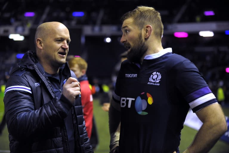 Scotland's flanker and captain John Barclay (R) and head coach Gregor Townsend chat after their Autumn International rugby union Test match against Australia, at Murrayfield in Edinburgh, on November 25, 2017