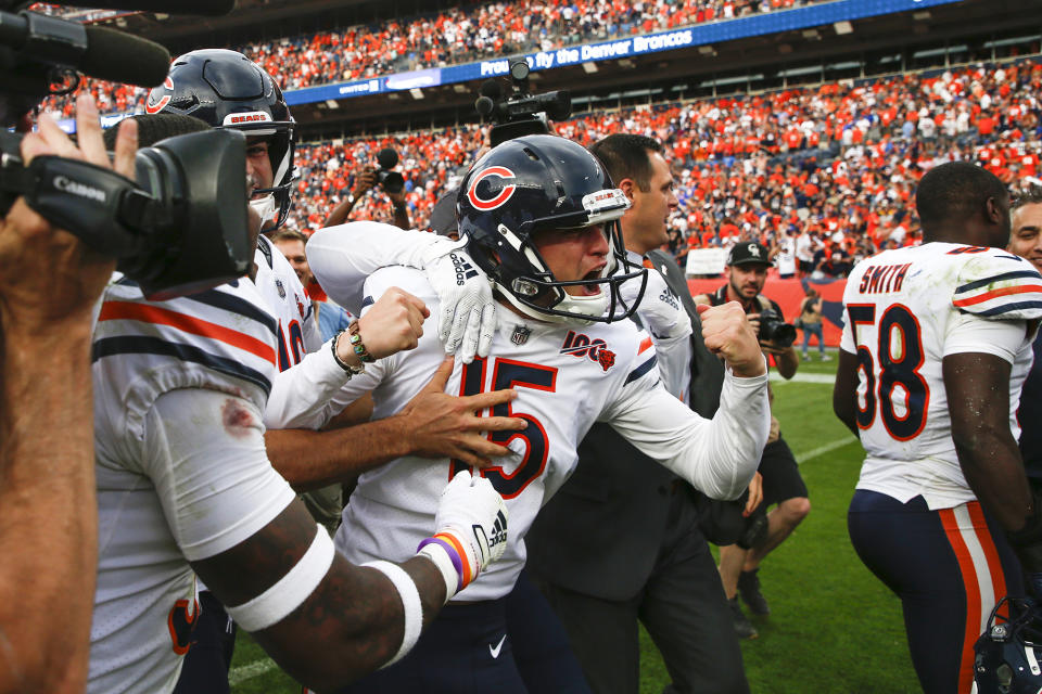 Chicago Bears kicker Eddy Pineiro (15) reacts after he makes a 53-yard field goal to beat the Denver Broncos on Sunday, Sept. 15, 2019 at Broncos Stadium at Mile High in Denver, Colo. (Jose M. Osorio/Chicago Tribune/Tribune News Service via Getty Images)