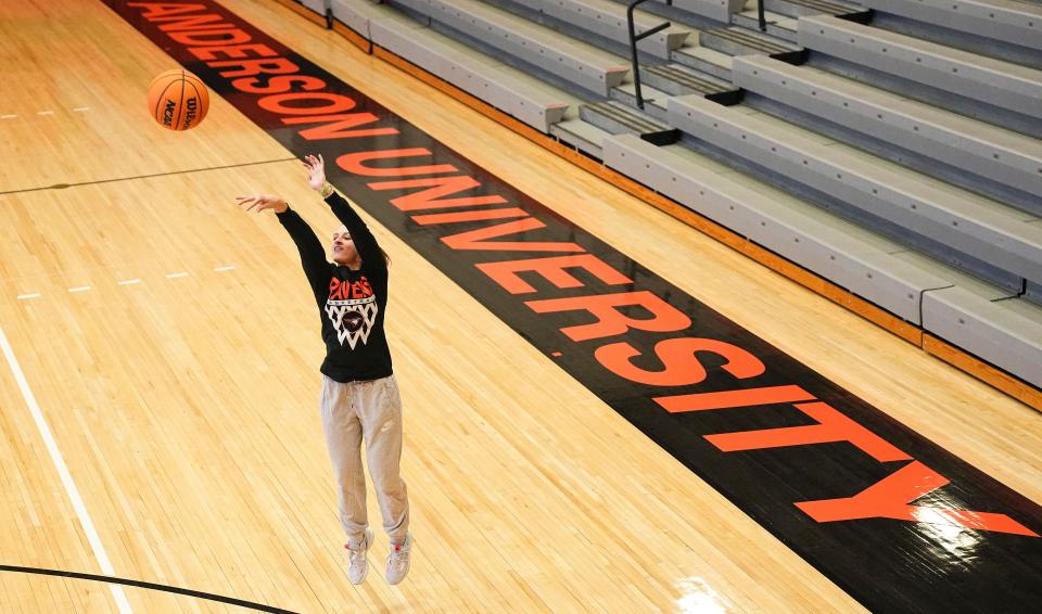 Lexi Dellinger shoots some drills before the game against Hanover University on Wednesday, Feb. 1, 2023 at O.C. Lewis Gymnasium at Anderson University in Anderson. 