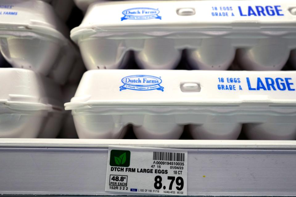 The price of a dozen eggs is seen at a grocery store in Glenview, Ill., on Jan. 10, 2023. The ongoing bird flu outbreak has cost the U.S. government roughly $661 million and added to consumers’ pain at the grocery store after more than 58 million birds were slaughtered to limit the spread of the virus.