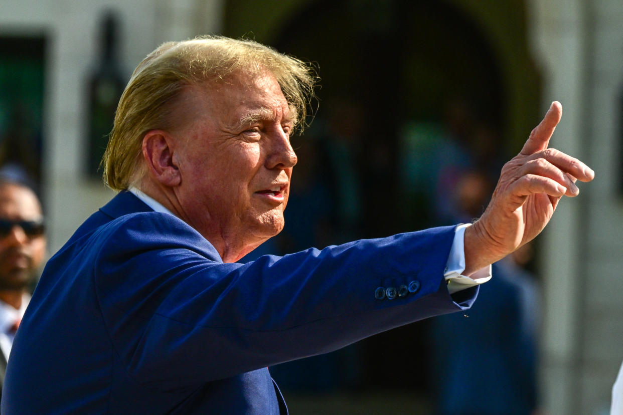 Former US President and Republican presidential candidate Donald Trump arrives to vote in Florida's primary election at a polling station at the Morton and Barbara Mandel Recreation Center in Palm Beach, Florida, on March 19, 2024. (Photo by GIORGIO VIERA / AFP) (Photo by GIORGIO VIERA/AFP via Getty Images)