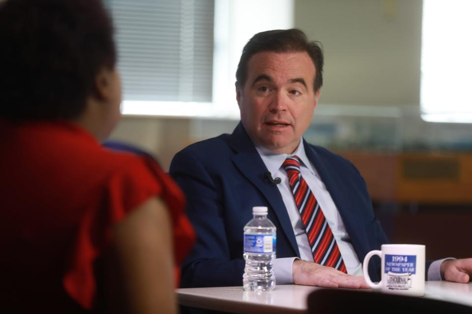 Apr 20, 2022; Columbus, Ohio, USA; Democrat John Cranley is a candidate for Ohio Governor. Photographed Arpil 20, 2022 in a Columbus Dispatch conference room.  Mandatory Credit: Doral Chenoweth-The Columbus Dispatch