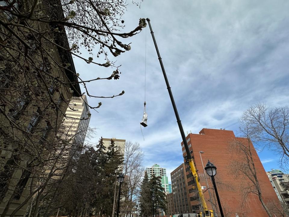A crane lowers a bronze sculpture of Sir Winston Churchill onto the grounds of Calgary's McDougall Centre on April 27, 2024.