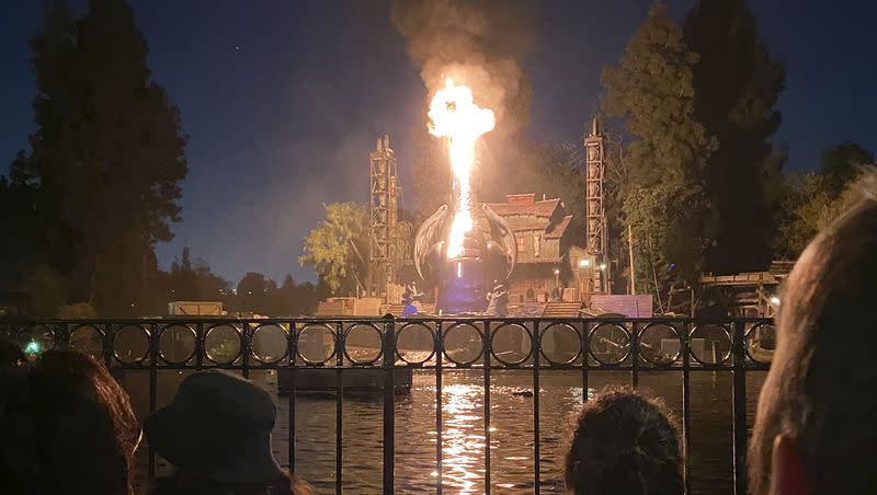 This photo courtesy of Shawna Bell shows a fire during the “Fantasmic” show in the Tom Sawyer Island section of Disneyland resort in Anaheim, Calif., on Saturday, April 22, 2023. 