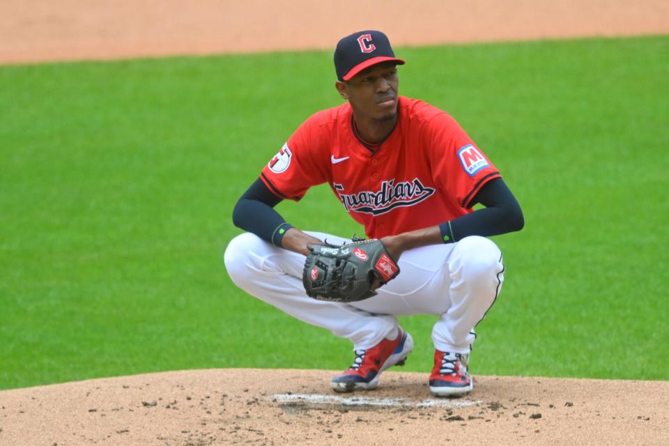 Cleveland Guardians starting pitcher Triston McKenzie (24) on the mound in the first inning against the Toronto Blue Jays on June 23 in Cleveland.