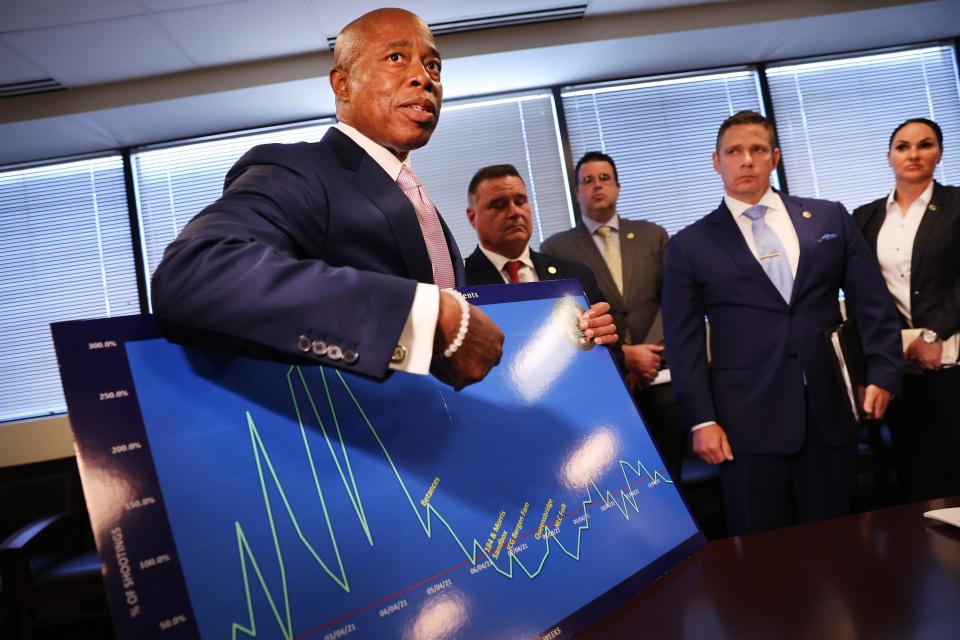 New York Mayor Eric Adams is joined by police detectives of the Gun Violence Suppression Division at a Brooklyn police facility where it was announced that arrests have been made against violent street gangs on June 06, 2022 in New York City. At the event, which featured the mug shots of dozens of gang members who have been taken off of the streets, the mayor spoke and showed a graph of statistics showing that gun violence in New York City has fallen in recent weeks following his more aggressive policing.