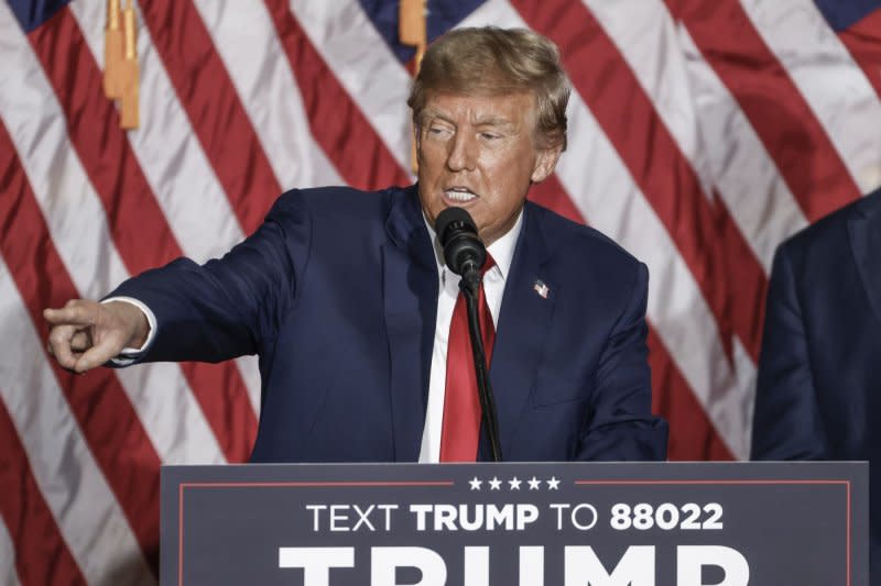 Former President Donald Trump celebrates his win in the 2024 Iowa Caucus at the Iowa Events Center in Des Moines, Iowa on January 15. Photo by Tannen Maury/UPI