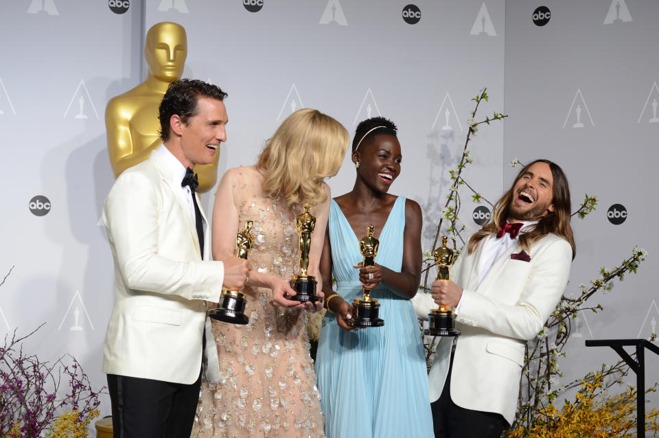 Matthew McConaughey, from left, holds his award for best actor for his role in "Dallas Buyers Club", Cate Blanchett holds her award for best actress in "Blue Jasmine", Lupita Nyong'o holds her award for best supporting actress for "12 Years a Slave," and Jared Leto holds his award for best supporting actor in "Dallas Buyers Club" in the press room during the Oscars at the Dolby Theatre on Sunday, March 2, 2014, in Los Angeles. (Photo by Jordan Strauss/Invision/AP)