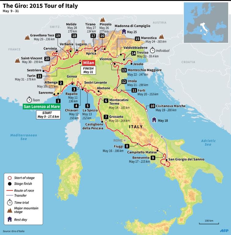 Map, route and details of the 2015 Tour of Italy cycling race. (180 x 183 mm)