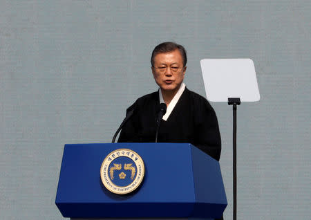 South Korean President Moon Jae-in delivers a speech during a ceremony celebrating the 100th anniversary of the March First Independence Movement against Japanese colonial rule, in central Seoul, South Korea, March 1, 2019. REUTERS/Kim Hong-Ji