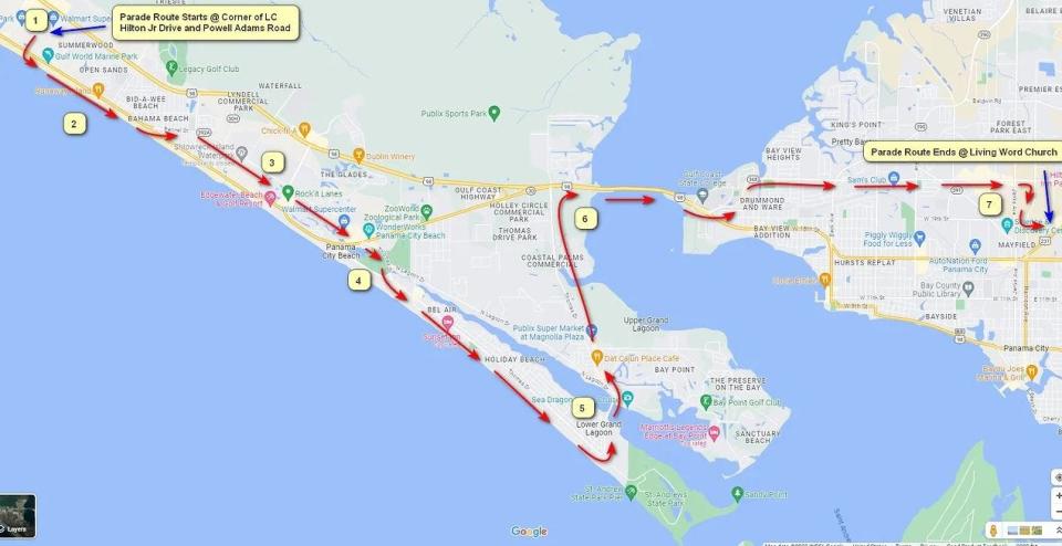 This is the route of the Warrior Beach Retreat Fall 2023 Parade, which will be held on Nov. 9 in the Panama City Beach area.