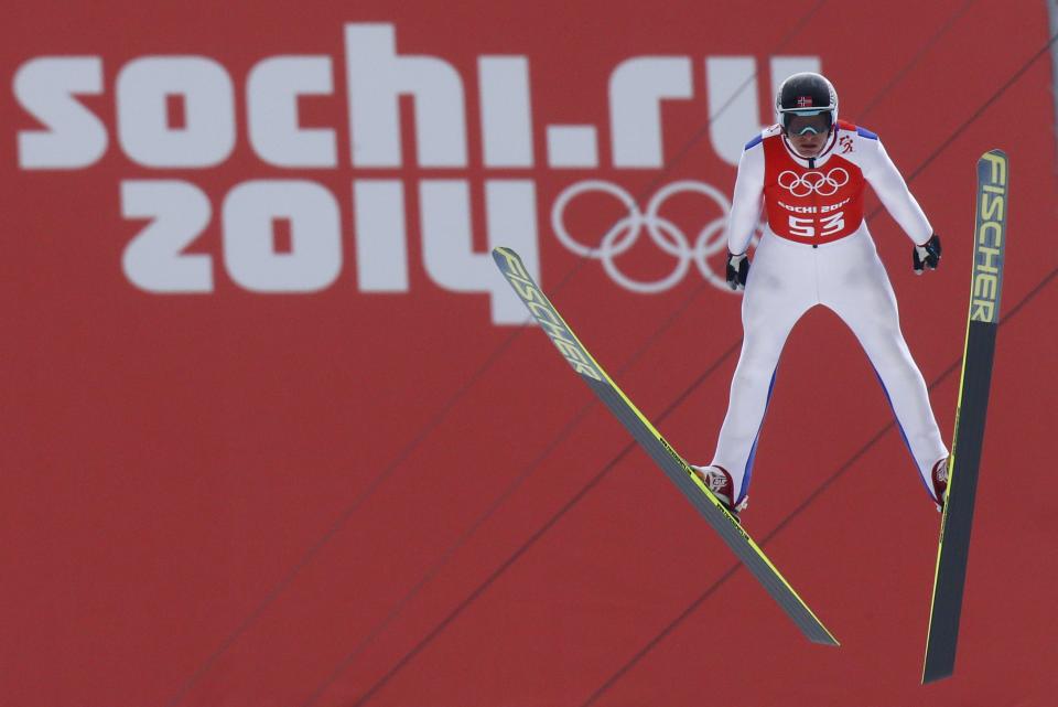 Norway's Haavard Klemetsen makes his jump during a men's Nordic combined, large hill, training session at the 2014 Winter Olympics, Monday, Feb. 17, 2014, in Krasnaya Polyana, Russia. (AP Photo/Dmitry Lovetsky)