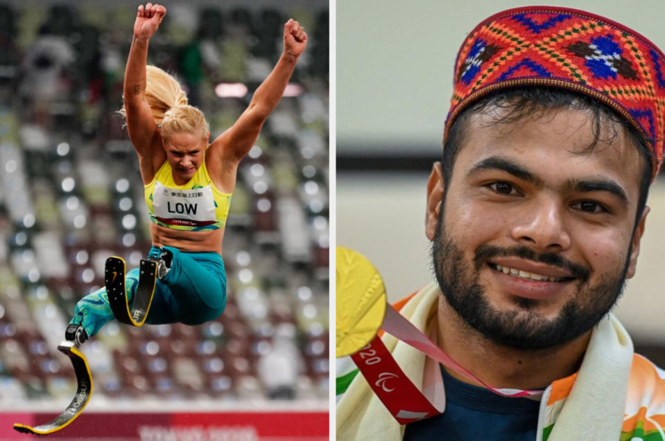 Vanessa Low competing in the long jump event, Sumit Antil holding his gold medal at a celebration event in New Dehli