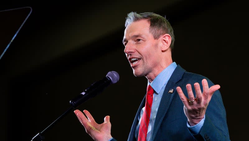 Mike Kennedy, running for the 3rd Congressional District, speaks at the Utah Republican Party state nominating convention at the Salt Palace Convention Center in Salt Lake City on Saturday, April 27, 2024.