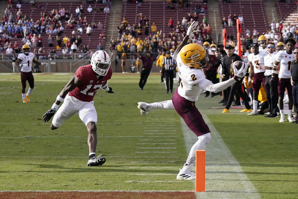 Arizona State wide receiver Elijhah Badger (2) cannot catch a pass in bounds in front of Stanford cornerback Kyu Blu Kelly (17) during the second half of an NCAA college football game in Stanford, Calif., Saturday, Oct. 22, 2022. (AP Photo/Jeff Chiu)