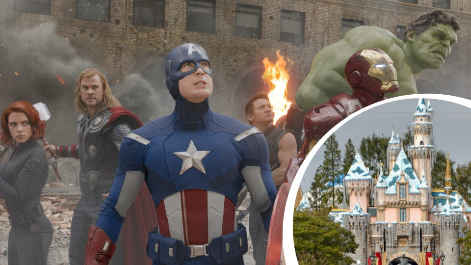 Avengers stars Captain America (Chris Evans), Black Widow (Scarlett Johansson), Thor (Chris Hemsworth), Hawkeye (Jeremy Renner), Iron Man (Robert Downey Jr) and Hulk (Mark Ruffalo), and a shot of the classic Sleeping Beauty castle at Disneyland. Images: Walt Disney Motion Pictures, Getty