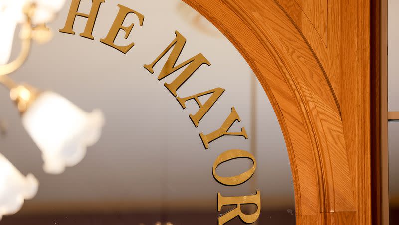 The entrance to the office of the Salt Lake City mayor is pictured at the Salt Lake City and County Building on Tuesday, Aug. 29, 2023.