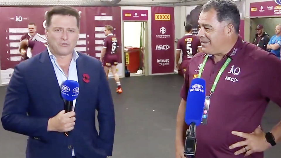 Karl Stefanovic has been criticised by rugby league fans after stumbling over the names of several Queensland players while introducing them on the Channel 9 broadcast. Picture: Channel 9